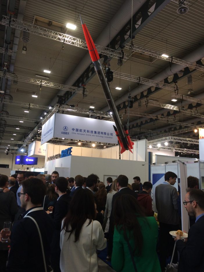 Institute of Aviation’s ILR-33 Amber rocket being suspended over the stand of the Polish Spacce Sector during the 69th International Astronautical Congress in Bremen.