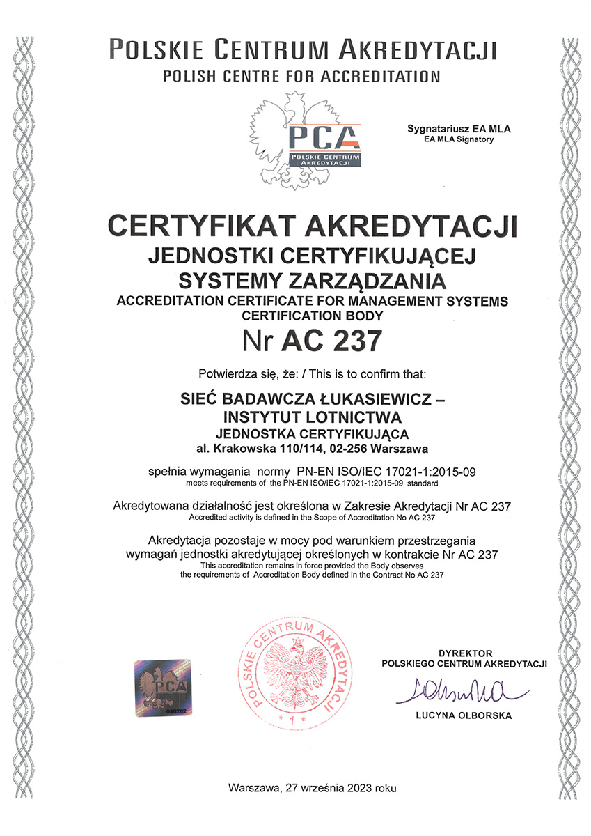 Certyfikat akredytacji jednostki certyfikującej systemy zarządzania numer AC 237
