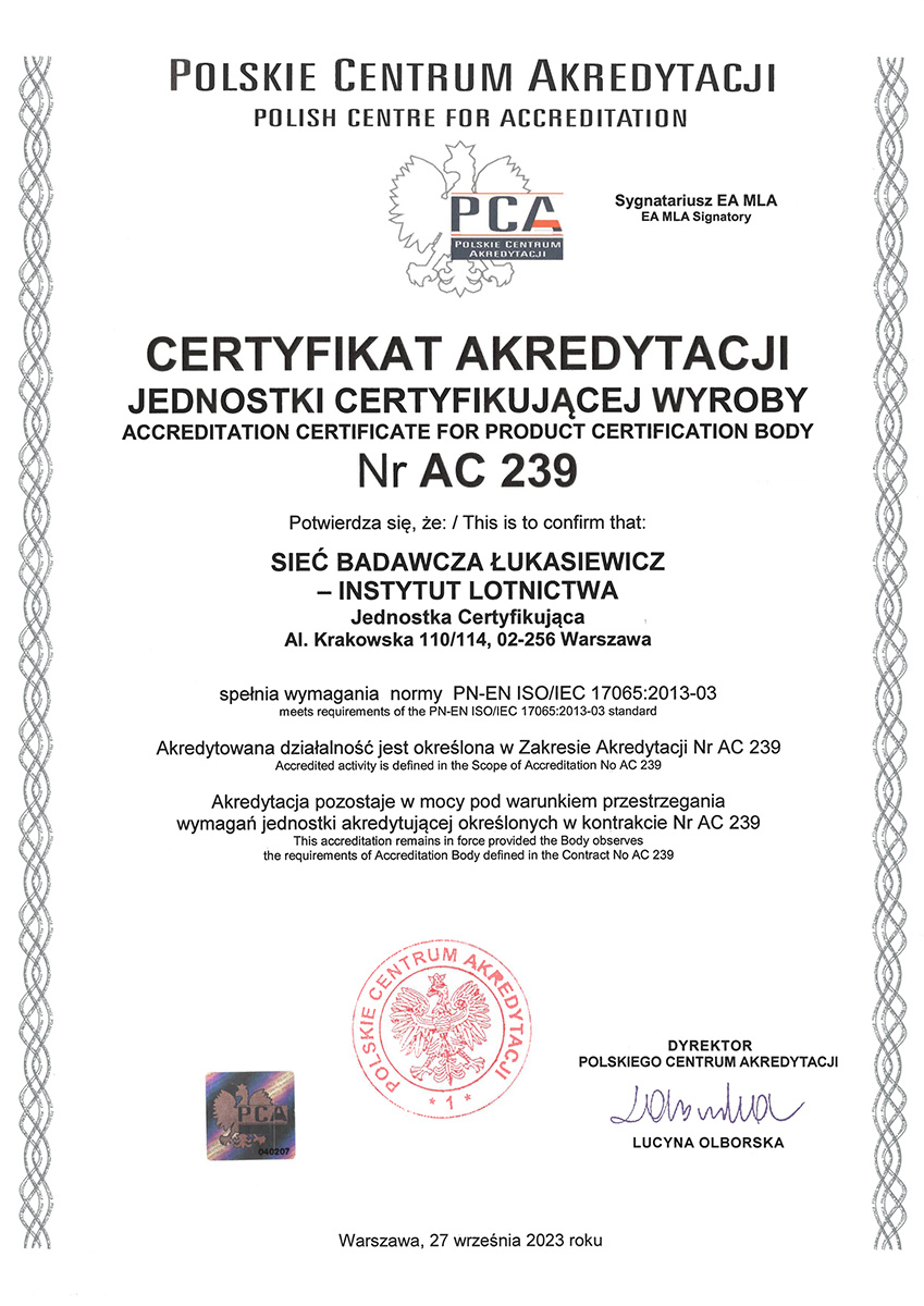 Certyfikat akredytacji jednostki certyfikującej wyroby numer AC 239