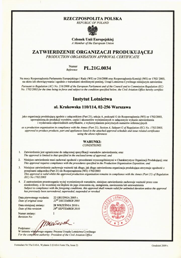 Certyfikat Zatwierdzonej Organizacji Produkującej nr PL.21G.034 (Part 21)