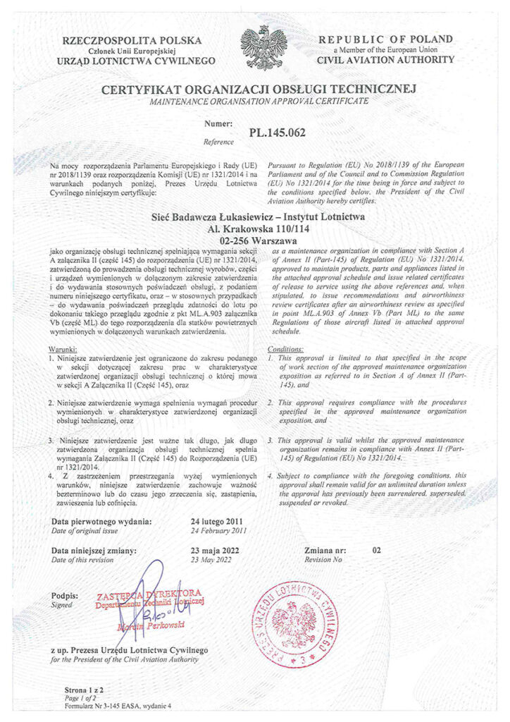 Zatwierdzenie Sieć Badawcza Łukasiewicz – Instytut Lotnictwa Organizacja Obsługowa nr PL.145.062 (wg EASA Part-145)