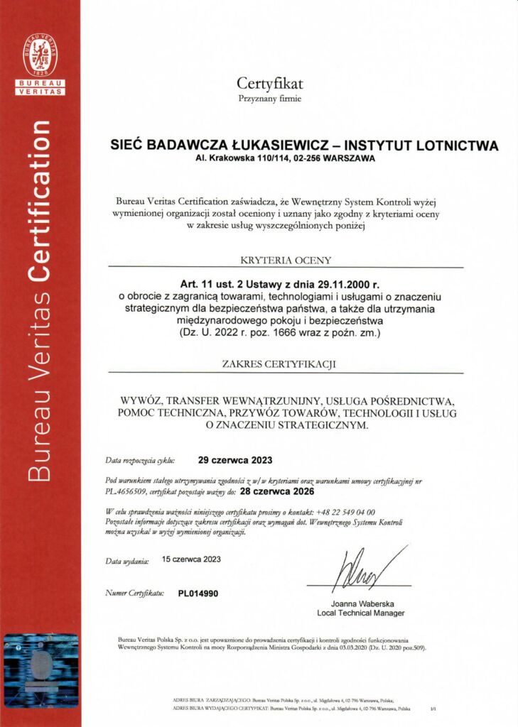 Certyfikat Systemu Zarządzania (Wewnętrzny System Kontroli) Nr PL 014990