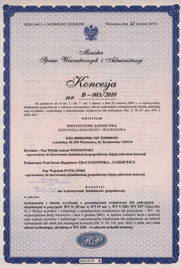 B – 003/2010 Koncesja Ministra Spraw Wewnętrznych i Administracji​